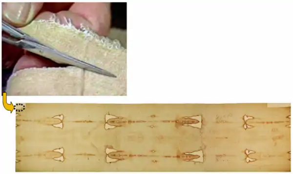 Shroud Carbon Dating samples taken from repaired corner - not near image area See how samples for Carbon Dating Shroud were taken from corner where medieval repairs were done - not near image area