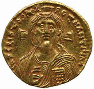 Justinian II's gold Solidus coin with Jesus image from Shroud Byzantine Emperor Justinian II's gold Solidus coin with Jesus image on Shroud